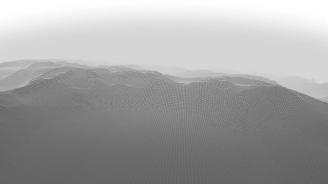 Low Polygons Mountains Flight Fx Background/ 4k animation of an abstract 3d fractal landscape background with mountains flight mesh surface and haze horizon