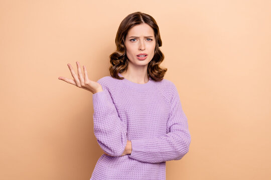 Photo of unsatisfied lady wear violet stylish clothes complaining bad service isolated on beige color background