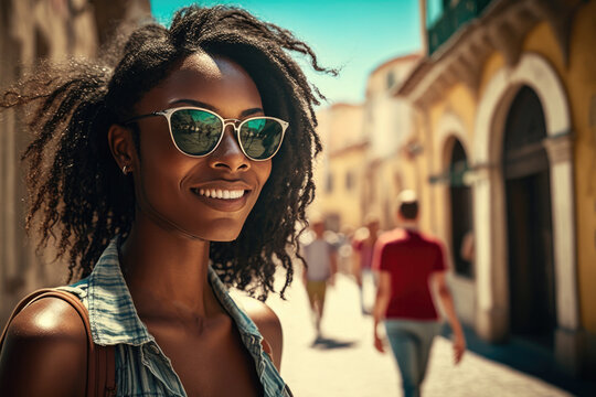 Diverse happy woman on her holiday in a hot European city in the Mediterranean 