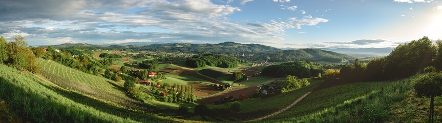 Panorama from hills and vineyards in Südsteiermark, Austria - 567405343