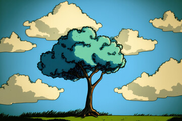 clouds and a tree in a blue sky. Generative AI