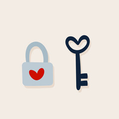 Happy Valentine's Day. Key and closed padlock. Hand drawn doodle. Vector illustration, flat design