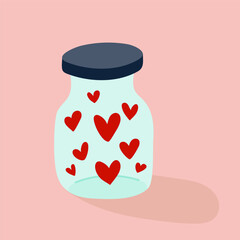 Happy Valentine's Day. Glass jar filled with heart shapes. Hand drawn doodle. Vector illustration, flat design