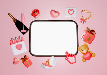 Happy Valentines day background with calendar date 14, gift box, heart shape balloon, digital tablet with copy space blank white on screen, 3D rendering illustration
