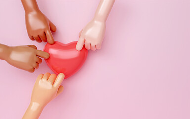 3D diversity hand finger presses on red heart. Realistic illustration of donation love or charity for appreciation social media on pink background. 3d rendering illustration