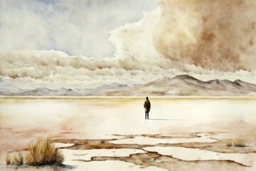 A person standing in a peaceful and empty landscape. Abstract background watercolor painting. Generative AI