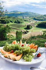 Buffet with fresh fuits outdoor in the landscape of south styria, austria - 567407350