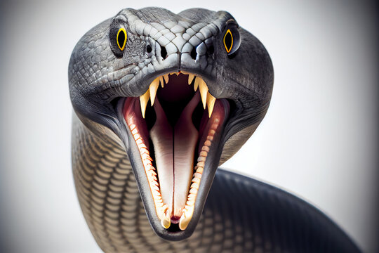 A close-up image of a black mamba snake with its mouth open against a white background. The focus is on the snake's striking features and its dangerous reputation. Generative AI