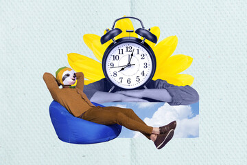 Composite collage oversleeping funny headless absurd sloth mask guy chill bean bag near big timer...