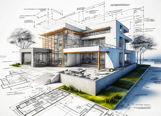 building project plan blueprint of a modern house. Designed using generative ai