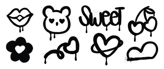 Set of spray paint valentine element vector. Hand drawn graffiti texture style collection of heart shape, kiss, mouth, bear, flower, cherry. Design for print, cartoon, card, decoration, sticker. © TWINS DESIGN STUDIO