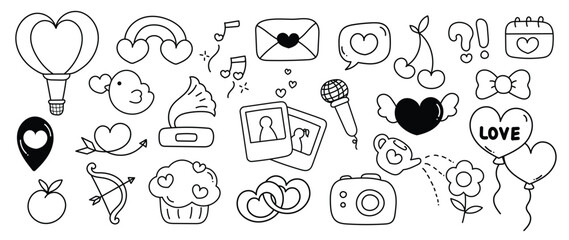 Fototapeta premium Set of valentine doodle element vector. Hand drawn doodle style collection of heart shape, bird, rainbow, letter, microphone, camera, cake, bow. Design for print, cartoon, card, decoration, sticker.