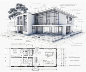 building project plan blueprint of a modern house. Designed using generative ai - obrazy, fototapety, plakaty