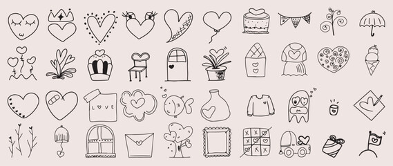 Set of valentine doodle element vector. Hand drawn doodle style collection of comic heart shape, balloon, flower, potion, letter, chair, fish. Design for print, cartoon, card, decoration, sticker.