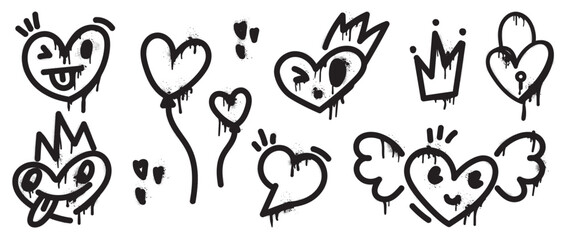 Set of spray paint valentine element vector. Hand drawn graffiti texture style collection of comic heart shape, crown, balloon, flying heart. Design for print, cartoon, card, decoration, sticker.