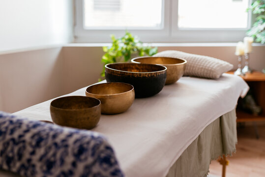 Set of Tibetan singing bowls at spa