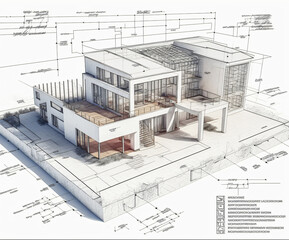 building project plan blueprint of a modern house. Designed using generative ai