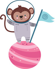 Monkey astronaut with flag on space planet. Cute animal explorer