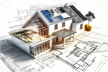 building project plan blueprint of a modern house. Designed using generative ai - obrazy, fototapety, plakaty