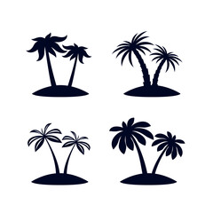 Fototapeta premium Set of African Rainforest Coconut Trees or Tropical Palm Trees. Simple Black Silhouette for Eco Floral Logotype Emblem in Retro Art, or Travel Logo Design on White Backdrop