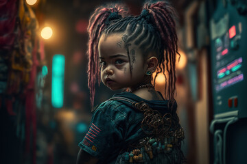 A fictional person. Cyberpunk baby fashion concept. Generative AI