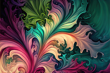 a modern art illustration of leaves combined and mixed uf with fluid colors, generative ai technology