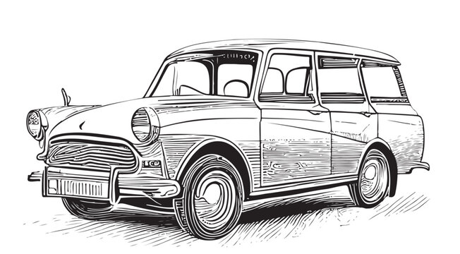 Retro car hand drawn sketch illustration