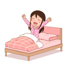 Cartoon character of girl wake up on bed.