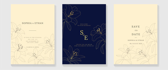 Luxury wedding invitation card background vector. Elegant botanical lily flower and golden line art texture template background. Design illustration for wedding and vip cover template, banner.