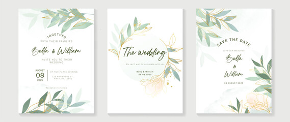 Luxury wedding invitation card background vector. Elegant watercolor floral leaf branch and gold line art texture template background. Design illustration for wedding and vip cover template, banner.