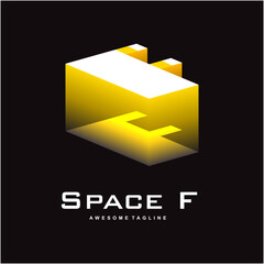 F letter space ship light logo design with yellow color light on the surface. vector template design 