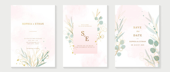 Luxury wedding invitation card background vector. Elegant watercolor floral leaf branch and gold line art texture template background. Design illustration for wedding and vip cover template, banner.