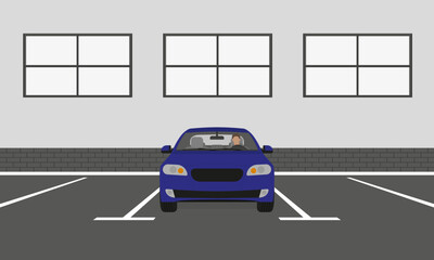Car with driver in the parking lot near the wall with windows
