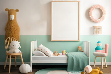 Stylish Mock-up Poster Frame in a Bright and Cheerful Children's Room, Kids' Room, or Nursery - Generatively Created with AI