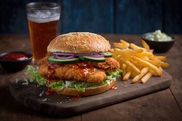 Crispy chiken burger with vegetables and sauce accompanied by fries and soft drink on rustic wooden...