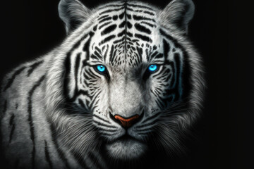 Beautiful white tiger with sapphire eyes up close against a shadowy background. Generative AI