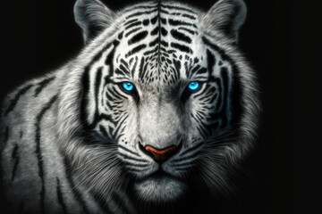 Obraz premium Beautiful white tiger with sapphire eyes up close against a shadowy background. Generative AI