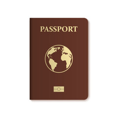 Realistic brown international passport ID icon. Passport for identification person. Document with globe sign and shadow. Concept for journey, vacation, travelling. 3d vector illustration