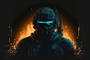 Black backdrop with a portrait of a future tactical armored soldier wearing a mask. Generative AI