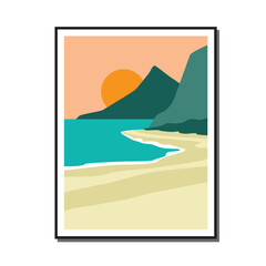 sunset Beach poster minimal Nature Scenery seashore illustration design for t shirt print, wall art, poster, etc