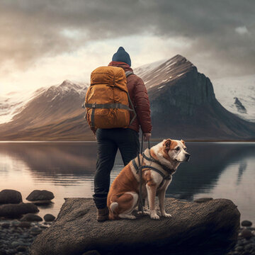 a man with a dog looks at the lake and mountains