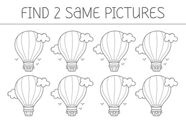 Find two same pictures is an educational game for kids with airship. Cute airship coloring book. Vector illustration.