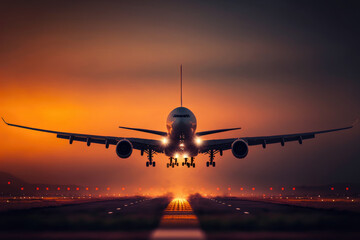 Naklejka na ściany i meble Airplane landing on airport runway at dawn or sunrise. Post-processed Generative AI illustration.