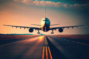 Fototapeta na wymiar Airplane landing on airport runway at sunset. Post-processed Generative AI illustration.