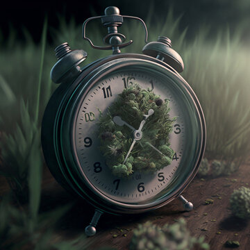 Times clock with Sativa Cannabis Marijuana plant leaves or Hemp for countdown to legalization medical herbal concept. Generative AI