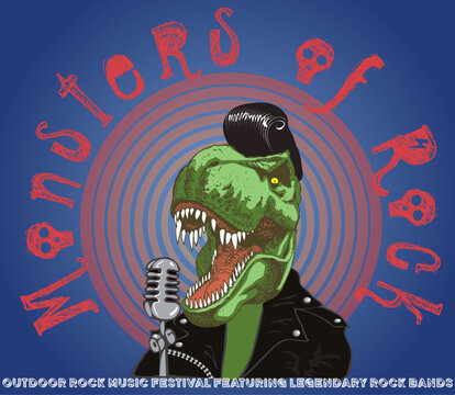 vector image of monsters of rock rock festival poster with singing tyrannosaurus in cartoon style