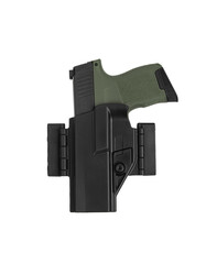 Short-barreled khaki weapon in a plastic holster. Armament for the army and police. Modern...