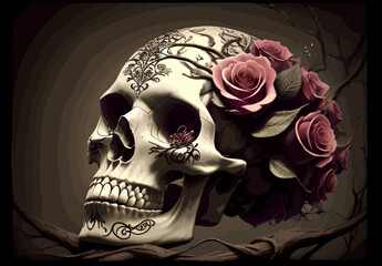 Skull and roses vector illustration. Dark fantasy.