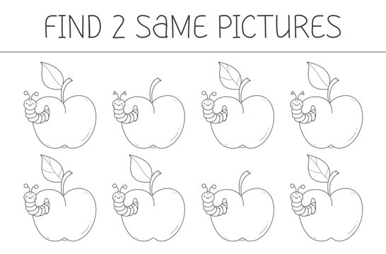 Find two same pictures is an educational game for kids with apple and caterpillar. Cute apple with worm coloring book. Vector illustration.