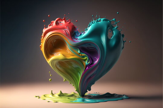 A heart made of vibrant paint splashes. 3D Abstract Valentine's Day Greeting Card. Fluid art design. Generative AI art